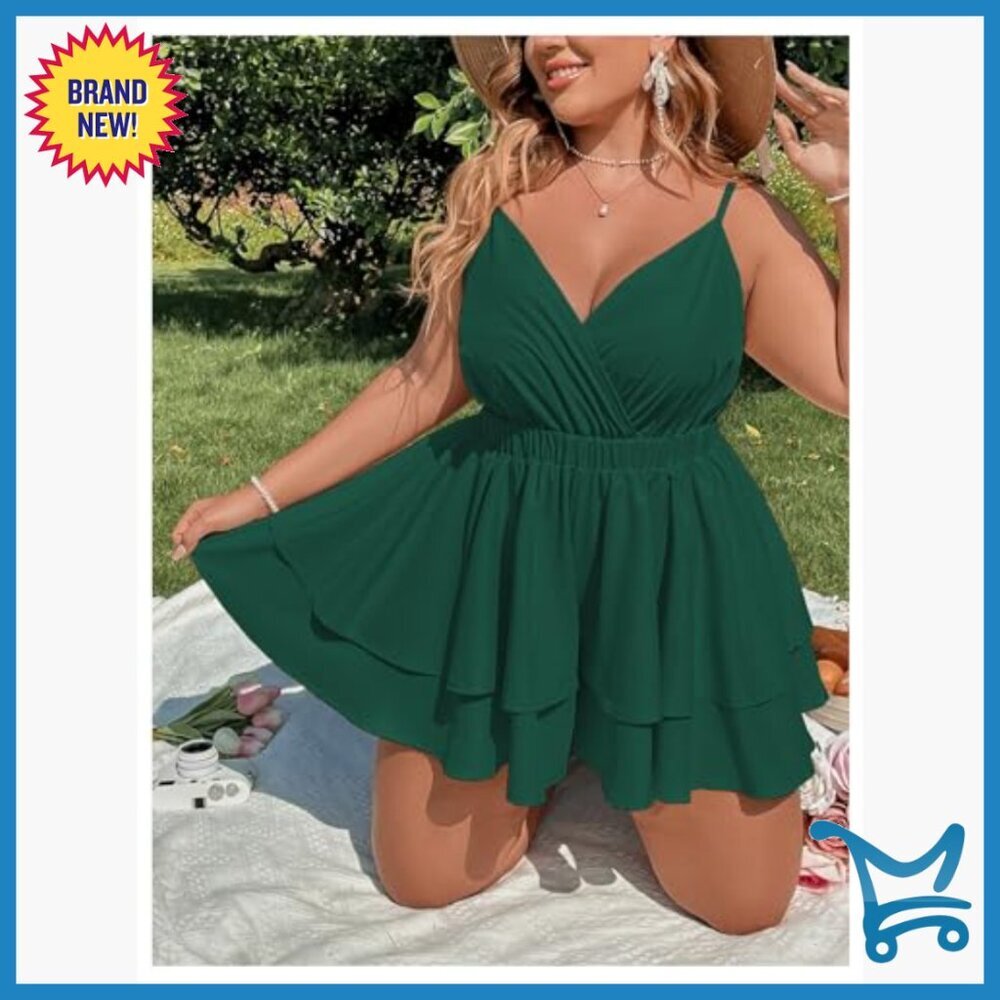Plus Size V-Neck Wrap Romper Layered Ruffle Hem Short Jumpsuit Summer Casual - Picture 5 of 6
